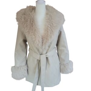 NWOT Women's Ivory Faux Leather Faux Fur Trim Belted Penny Coat Size M